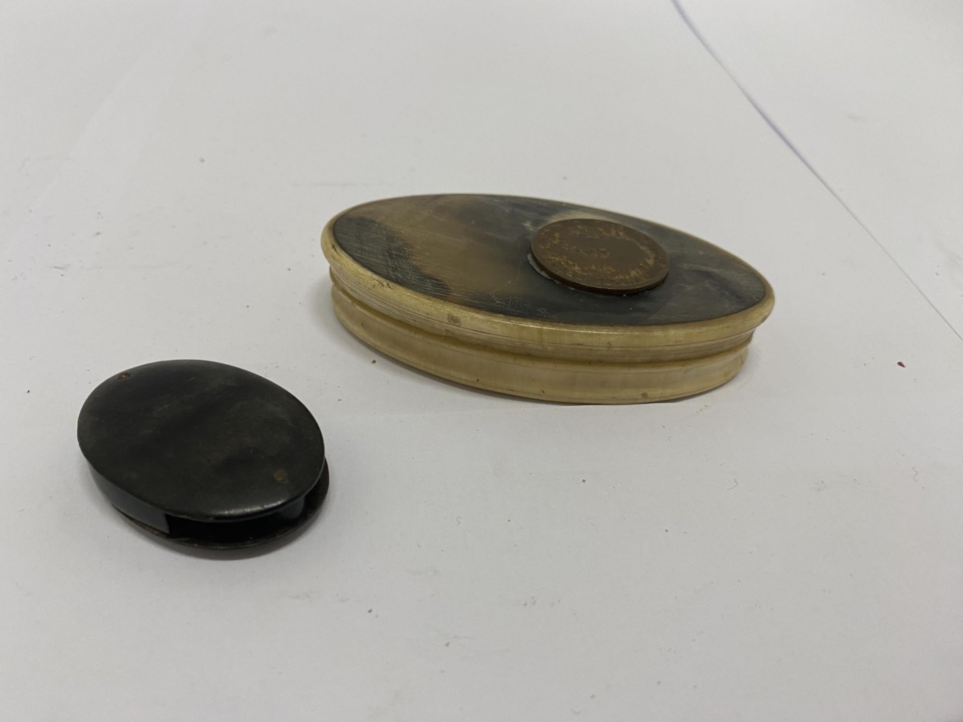A SMALL OVAL BONE TRINKET BOX AND A BONE MAGNIFYING GLASS