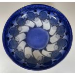 A LARGE ART NOUVEAU ROYAL DOULTON BLUE AND WHITE GEOMETRIC FRUIT BOWL WITH ARTISTS MONOGRAM TO BASE