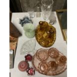 A QUANTITY OF GLASSWARE TO INCLUDE AN AMBER COLOURED DRESSING TABLE SET, VASE, HANKERCHIEF VASE,