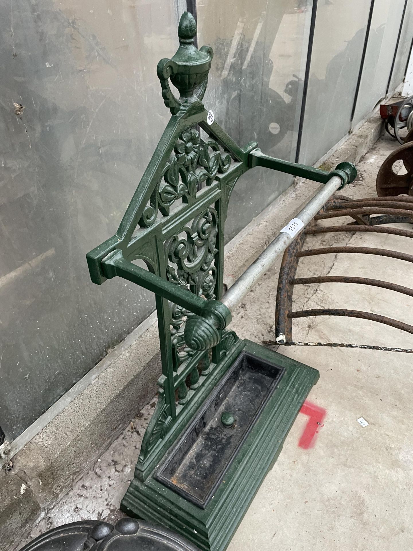 A VINTAGE PAINTED CAST IRON UMBRELLA STAND WITH DRIP TRAY - Image 2 of 2