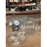 TWO FLOWER SHAPED GLASS BOWLS, A MURANO STYLE BASKET BOWL WITH PONTIL MARK, LARGE FISH PLATE AND