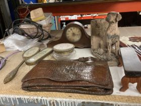 A MIXED LOT TO INCLUDE A STONE BOOKEND OF A DOG, PETIT PONT BRUSH, CLOTHES BRUSH AND POWDER SET,