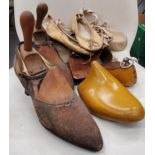 TWO PAIRS OF VINTAGE BALLET SHOES, A PAIR OF VINTAGE LADIES SHOES WITH SHOE STRETCHERS PLUS A PAIR