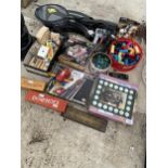 AN ASSORTMENT OF TOYS AND GAMES TO INCLUDE DOMINOES, MARBLES AND A BEANO SALT AND PEPPER SET ETC
