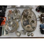A COLLECTION OF SILVER PLATED ITEMS TO INCLUDE TRAYS, ONE PRESENTED TO CAPT. K A HARRISON, 1965, A