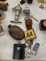 A VINTAGE AA CAR BADGE, HIP FLASKS, BOTTLE OPENERS AND OPTICS