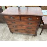 A 19TH CENTURY MAHOGANY CHEST OF TWO SHORT + THREE LONG GRADUATED DRAWERS FLANKED ON EITHER SIDE