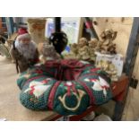 A COLLECTION OF CHRISTMAS ITEMS, WREATH, SANTA AND SNOWMAN FIGURES, TEDDY ORNAMENTS ETC