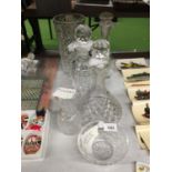 SIX PIECES OF WATERFORD CRYSTAL GLASS TO INCLUDE THREE DECANTERS, A LARGE AND SMALLER VASE AND A