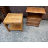 A SMALL BEDSIDE TABLE WITH TWO DRAWERS AND OAK LAMP TABLE WITH SINGLE DRAWER