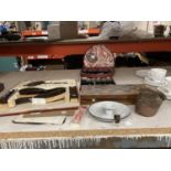 A MIXED LOT TO INCLUDE A WOODEN CHEST SET, A DRESSING TABLE SET, VINTAGE CUTLERY, ETC.,