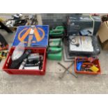 AN ASSORTMENT OF ITEMS TO INCLUDE TILE CUTTERS, FUEL CANS AND RADIOS ETC