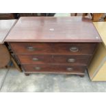 A 19TH CENTURY MAHOGANY CHEST OF THREE GRADUATED DRAWERS, 37" WIDE