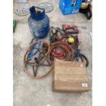 AN ASSORTMENT OF TOOLS TO INCLUDE CUTTING PIPES, PRESSURE GAUGE AND COMPRESSOR FITTINGS ETC