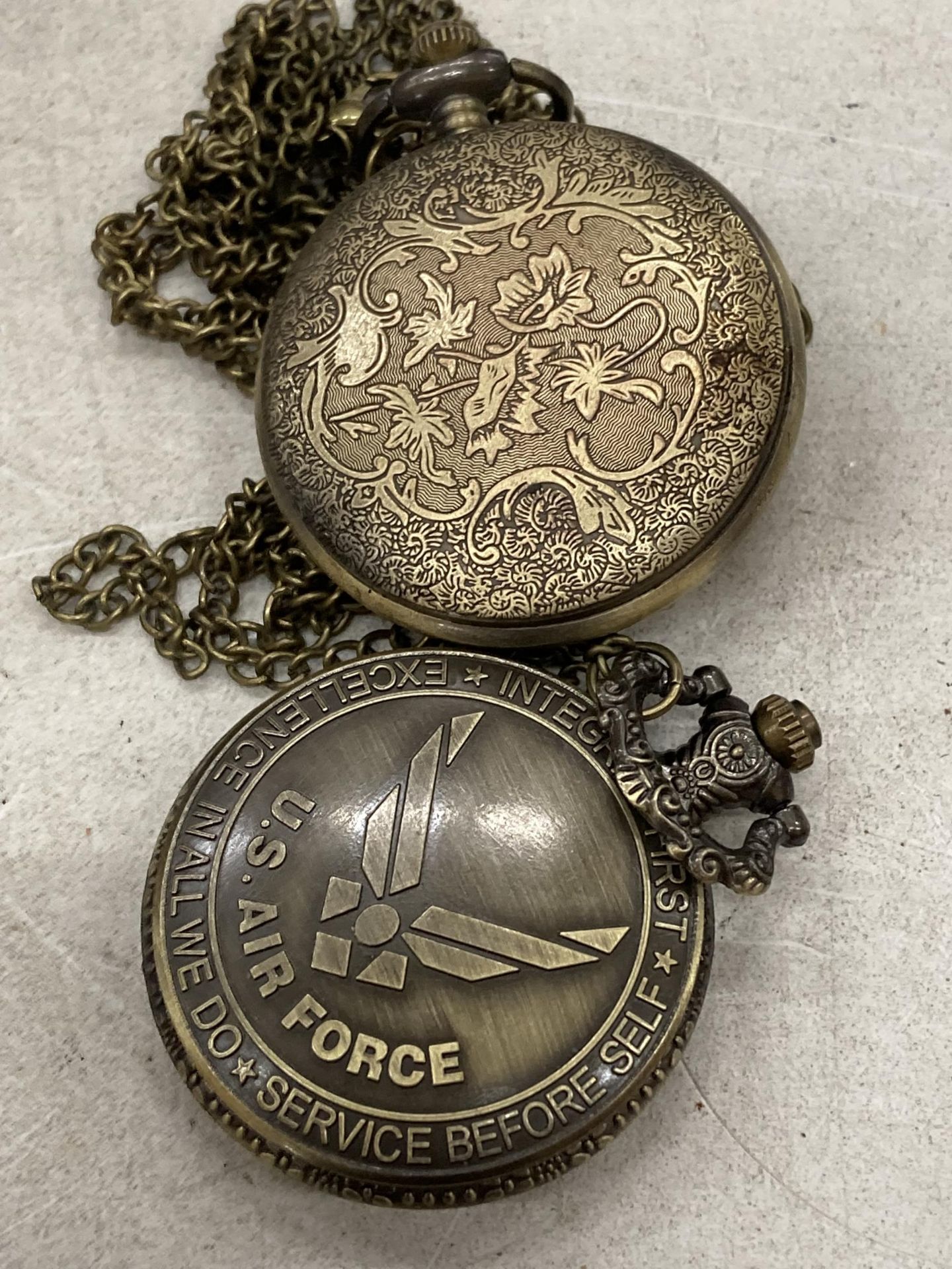 TWO POCKET WATCHES WITH IMAGES OF A USA BOMBER AND A COAT OF ARMS - Image 2 of 3