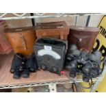 THREE SETS OF BINOCULARS WITH CASES AND A VINTAGE AVOMETER WITH CARRY CASE