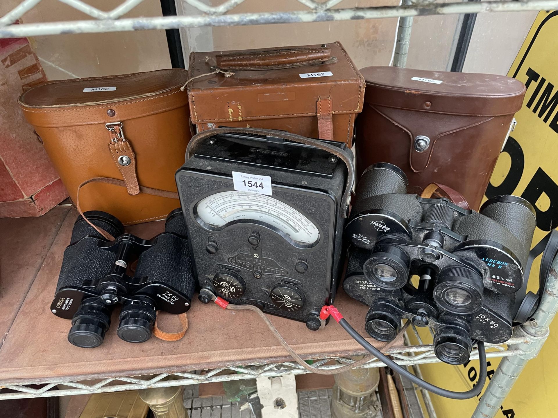 THREE SETS OF BINOCULARS WITH CASES AND A VINTAGE AVOMETER WITH CARRY CASE