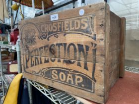 A WOODEN MONOGRAMED 'CROSFIELDS SOAP' CRATE