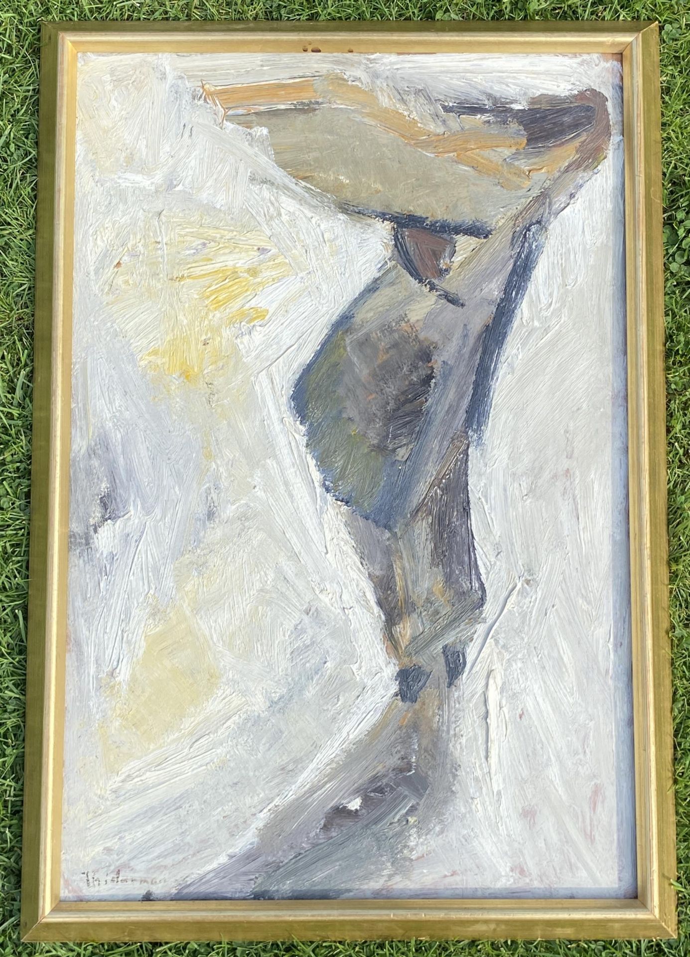 A GILT FRAMED ORIGINAL MID CENTURY ABSTRACT DESIGN OIL ON BOARD, SIGNED, 65 X 46CM