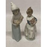 TWO LLADRO FIGURES - GIRL HOLDING A COCKEREL AND A GIRL HOLDING A BASKET OF FRUIT