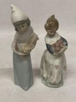 TWO LLADRO FIGURES - GIRL HOLDING A COCKEREL AND A GIRL HOLDING A BASKET OF FRUIT