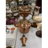 A LARGE VINTAGE COPPER KETTLE WITH ACORN FINIAL, COPPER TEA URN AND WALL POCKET