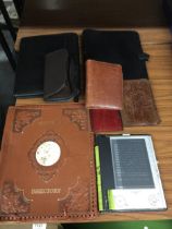 A GROUP OF LEATHER AND FURTHER ITEMS, TELEPHONE DIRECTORY BOOK, WALLETS ETC