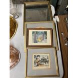 A BRASS EFFECT MIRROR TOGETHER WITH THREE VINTAGE PRINTS TO INCLUDE PARIS L.A. MADELEINE, AN