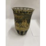 A BOHEMIAN CUT GLASS VASE WITH SCCENES OF FIGURES ON HORSEBACK, INDISTINCTLY SIGNED - SMALL CHIP