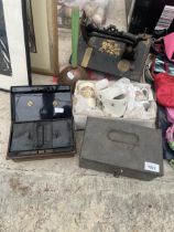 AN ASSORTMENT OF VINTAGE ITEMS TO INCLUDE A SEWING MACHINE AND CASH TINS ETC