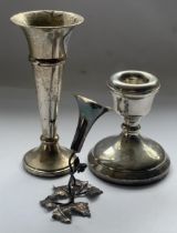 THREE ITEMS - A .925 SILVER STAMPED FLOWER VASE, BIRMINGHAM SILVER FILLED BUD VASE, BIRMINGHAM