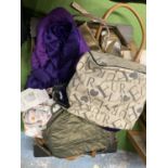AN AUBERGINE CASAMIA SHAWL AND HANDBAG TOGETHER WITH FURTHER HANDBAGS TO INCLUDE LAURENT DAVID,