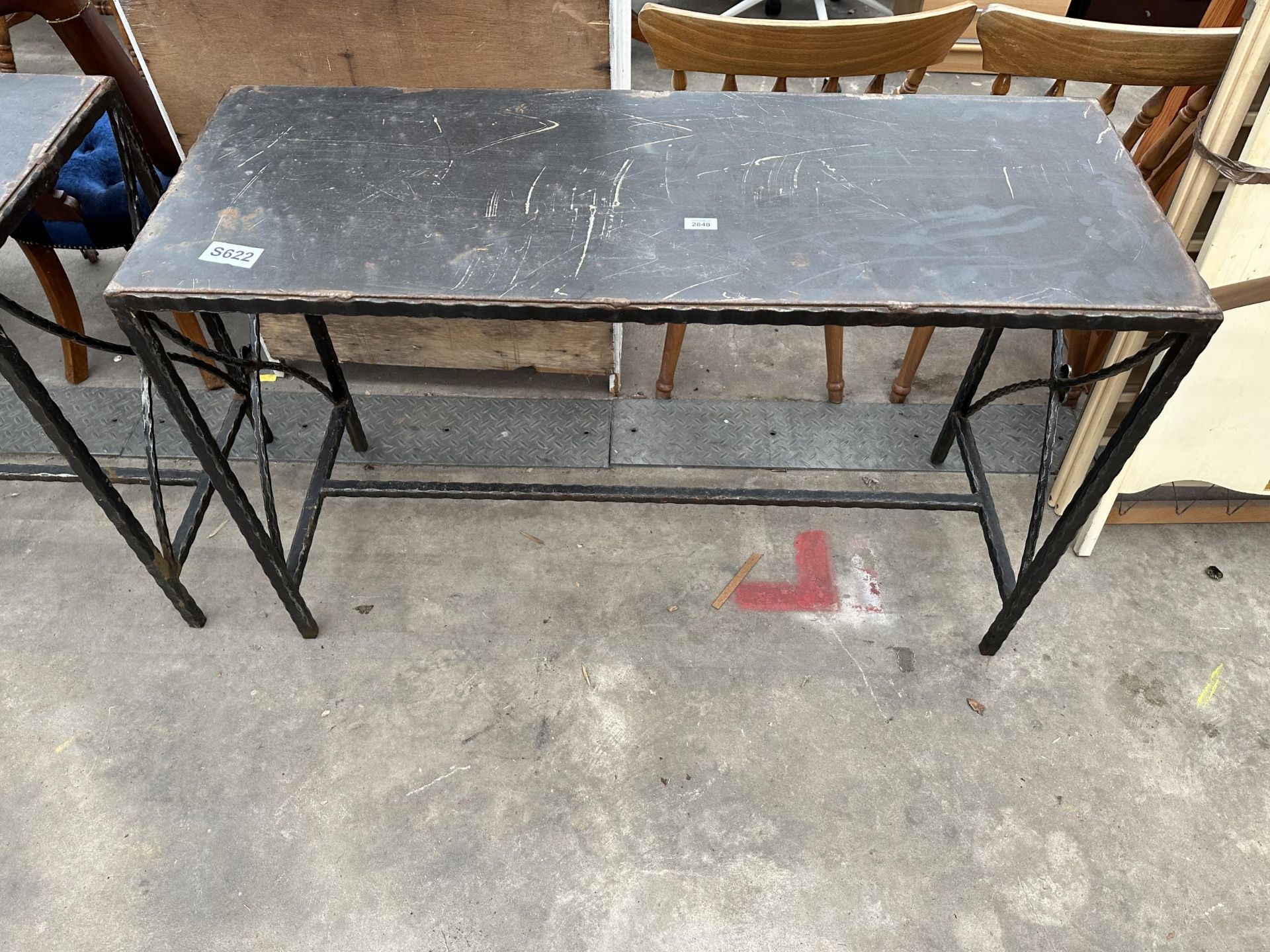AN IRON SIDE-TABLE WITH X-FRAME ENDS AND STRAIGHT STRETCHER, 48 X 18"