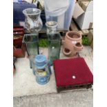 AN ASSORTMENT OF ITEMS TO INCLUDE VASES, A STOOL AND A LANTERN ETC