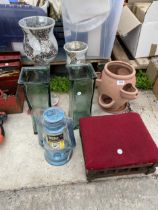 AN ASSORTMENT OF ITEMS TO INCLUDE VASES, A STOOL AND A LANTERN ETC