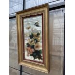 A GILT FRAMED PAINTED WALL MIRROR WITH FLORAL DECORATION