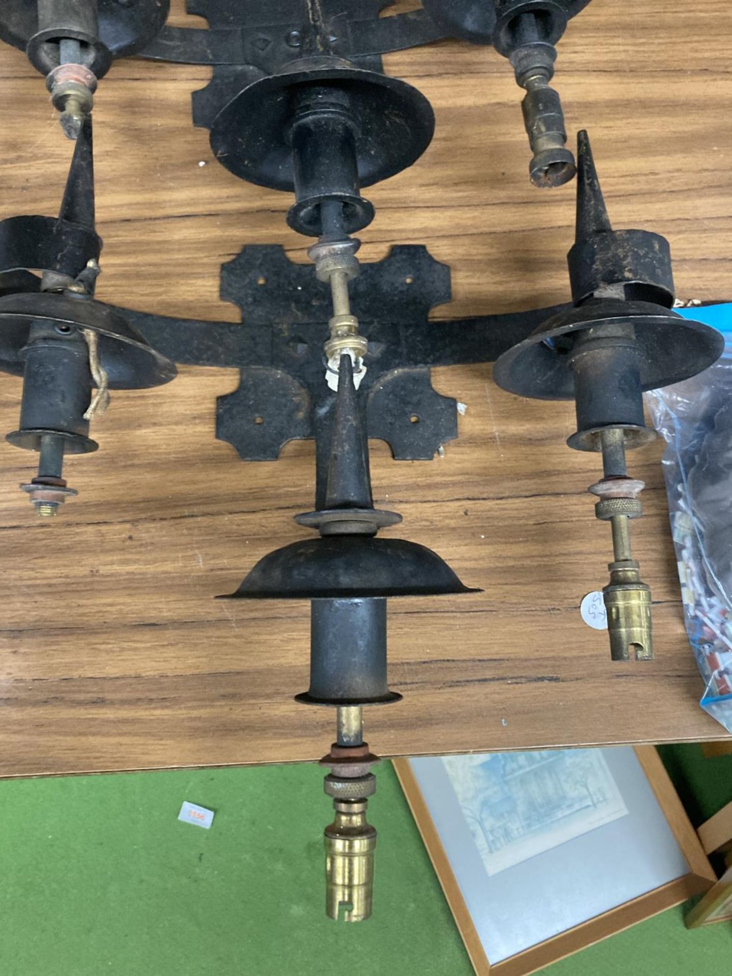 TWO WROUGHT IRON THREE ARMED CANDLEABRA LIGHT FITTINGS - Image 2 of 4