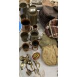 AQUANTITY OF COPPER, PEWTER AND BRASSWARE TO INCLUDE TANKARDS, A MINIATURE IRON, STORAGE JAR, ETC