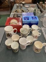 A MIXED LOT TO INCLUDE BOXED AYNSLEY ITEMS, COMMEMORATIVE TANKARDS, WEDGWOOD PRINCE OF WALES