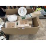 A LARGE QUANTITY OF NEW AND PACKAGED COMPOSTABLE CUPS, CUTLERY AND BOWLS ETC