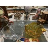 THREE LARGE HEAVY STUDIO GLASS BOWLS TO INCLUDE AN AMBER ONE - ONE WITH A CHIP TO THE RIM