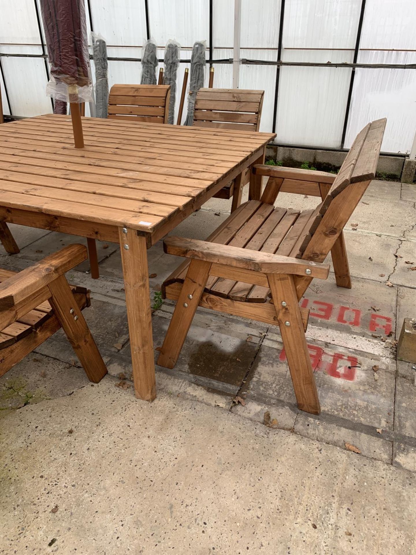 AN AS NEW EX DISPLAY CHARLES TAYLOR EIGHT SEATER DINING TABLE WITH TWO 2 SEATER BENCHES, FOUR CHAIRS - Image 2 of 5