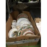 A LARGE BOX OF ASSORTED CABINET PLATES, MASONS, ROYAL ALBERT ETC