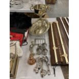 A COLLECTION OF SILVER PLATED TWIN HANDLED TROPHY, BOWL, CUPS ETC