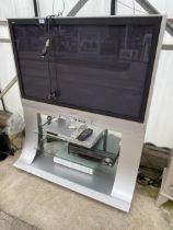 A PANASONIC 42" TELEVISION WITH STAND, CONTROLLER, JVC DVD PLAYER AND MATSUI VHS PLAYER ETC
