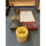 A VINTAGE LOT TO INCLUDE PLAYERS TIN, ROYD VINTAGE TIN, FRAMED PRAYER ETC