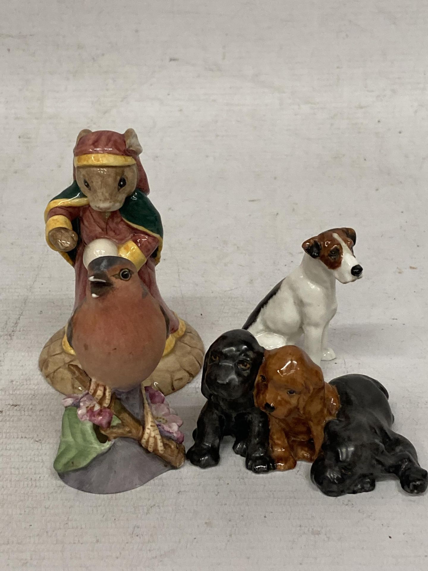 A GROUP OF FOUR ANIMAL FIGURES - ROYAL DOULTON BUNNYKINS AND JACK RUSSEL DOG, ROYAL WORCESTER