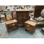 THREE PIECES OF MINIATURE MAHOGANY FURNITURE TO INCLUDE A WARDROBE, DRESSING TABLE WITH MIRROR AND A