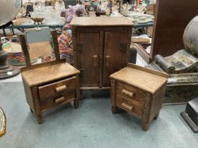 THREE PIECES OF MINIATURE MAHOGANY FURNITURE TO INCLUDE A WARDROBE, DRESSING TABLE WITH MIRROR AND A