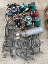 A LARGE ASSORTMENT OF PIPE BRACKETS AND MOTORS ETC